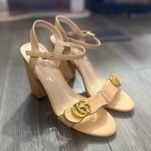 Tan Leather Block Heel Sandals with Gold Double G Hardware Size 38